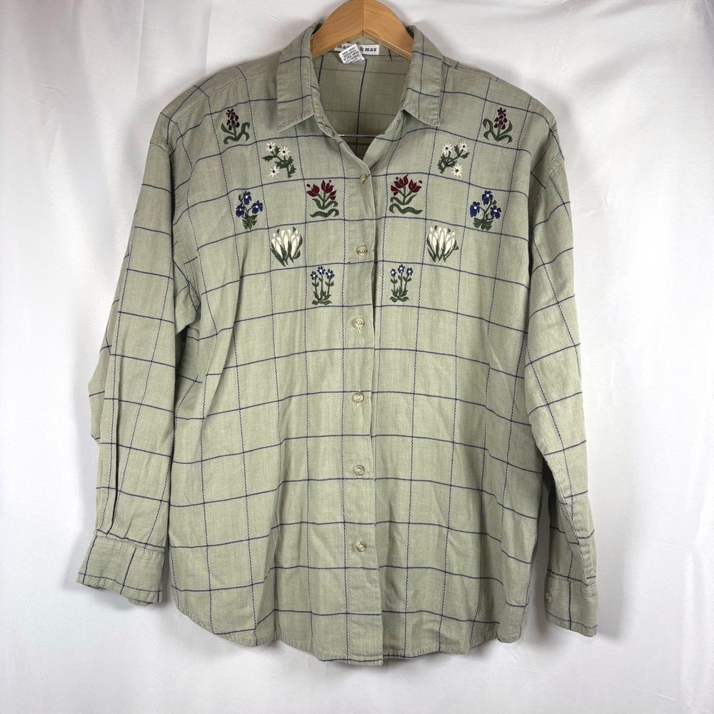 Vintage Maggie & Max Embroidered Floral Cotton Button Down Shirt Sage Green XL